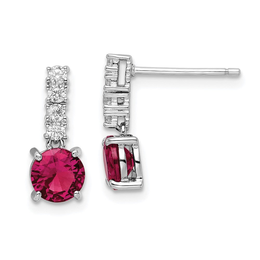 Rhodium-plated Sterling Silver Created Ruby and CZ Post Dangle Earrings