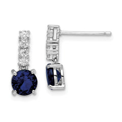 Sterling Silver Polished Rhodium Cr. Blue Spinel and CZ Post Dangle Earrings