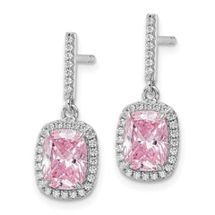 Rhodium-plated Sterling Silver Pink & White CZ Dangle Post Earrings