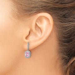 Rhodium-plated Sterling Silver Pink & White CZ Dangle Post Earrings