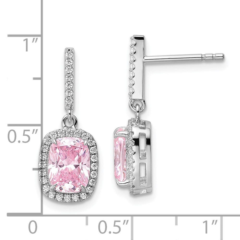 Rhodium-plated Sterling Silver Pink & White CZ Dangle Post Earrings