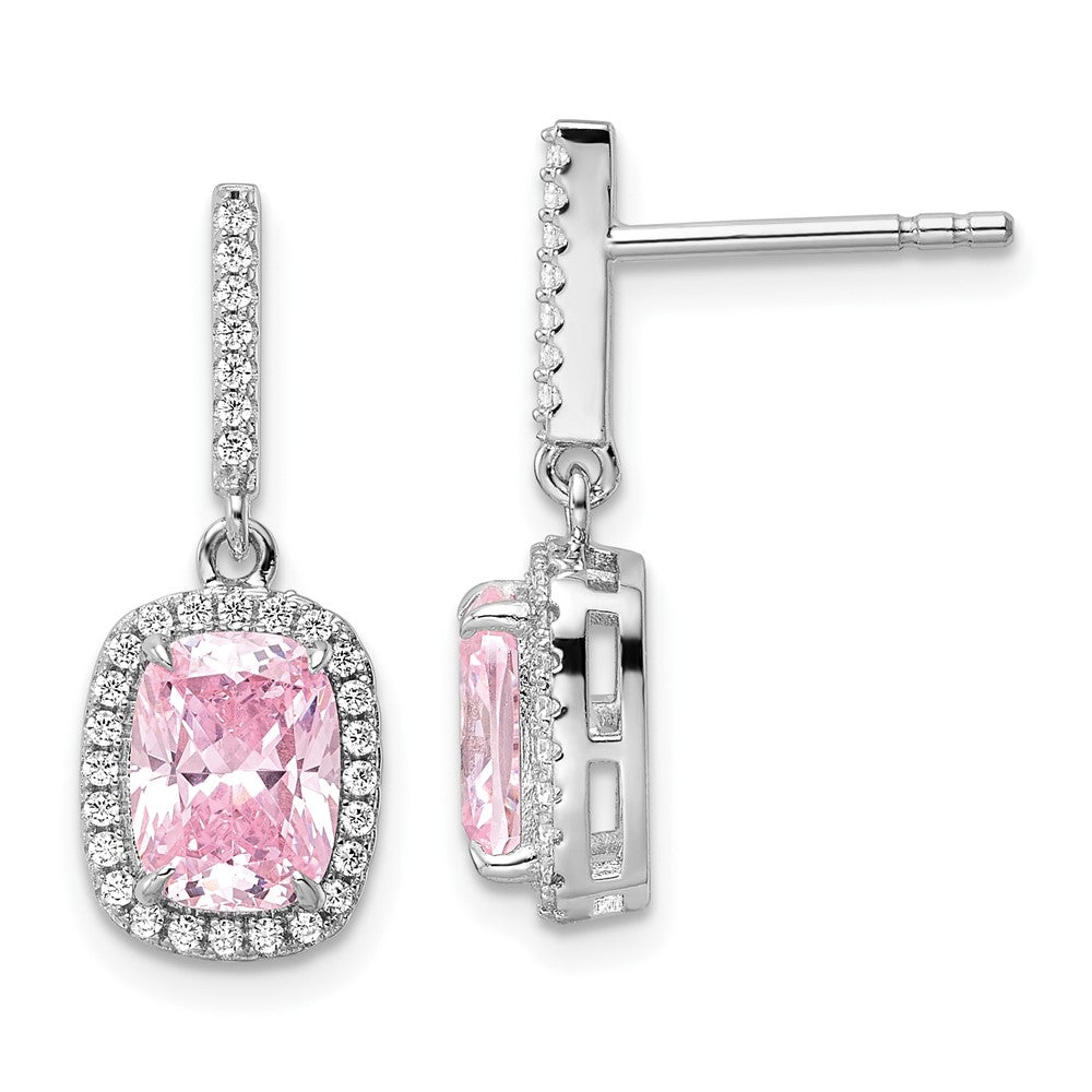 Rhodium-plated Sterling Silver Pink & White CZ Dangle Post Earrings