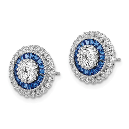 Rhodium-plated Sterling Silver Polished Blue & White CZ Round Post Earrings