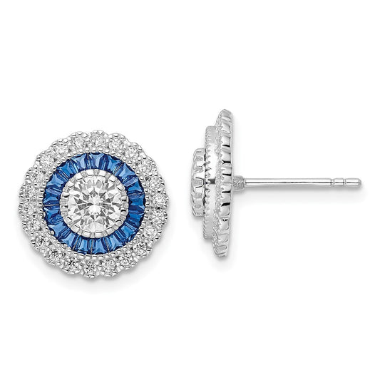 Rhodium-plated Sterling Silver Polished Blue & White CZ Round Post Earrings