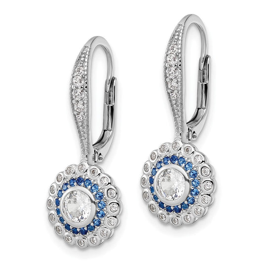 Rhodium-plated Sterling Silver Polished Blue & White CZ Leverback Earrings