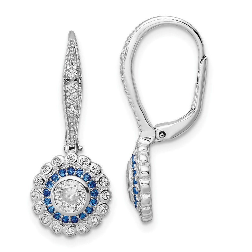 Rhodium-plated Sterling Silver Polished Blue & White CZ Leverback Earrings