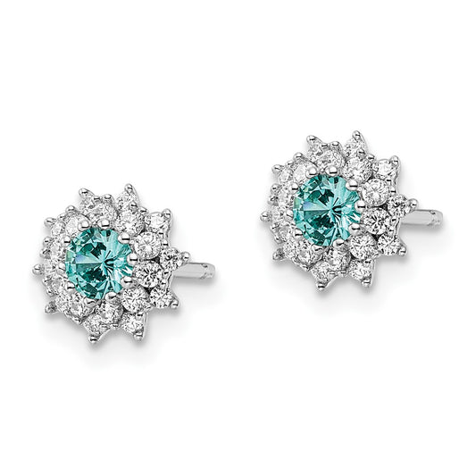 Rhodium-plated Sterling Silver Teal & White CZ Post Earrings