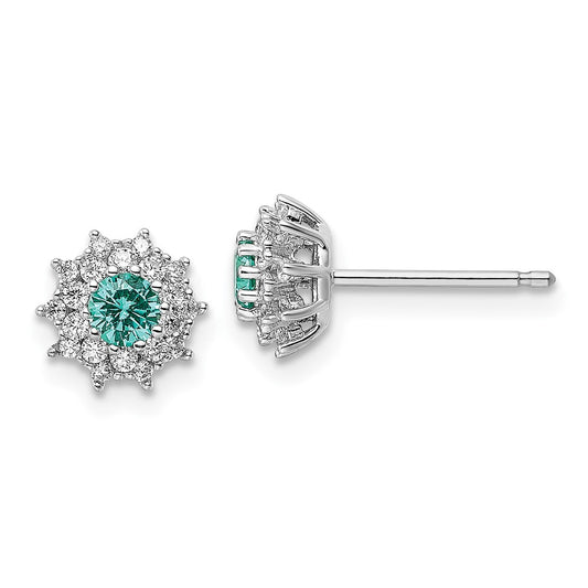 Rhodium-plated Sterling Silver Teal & White CZ Post Earrings