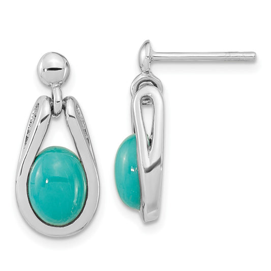 Rhodium-plated Silver Oval Chinese Turquoise Dangle Post Earrings