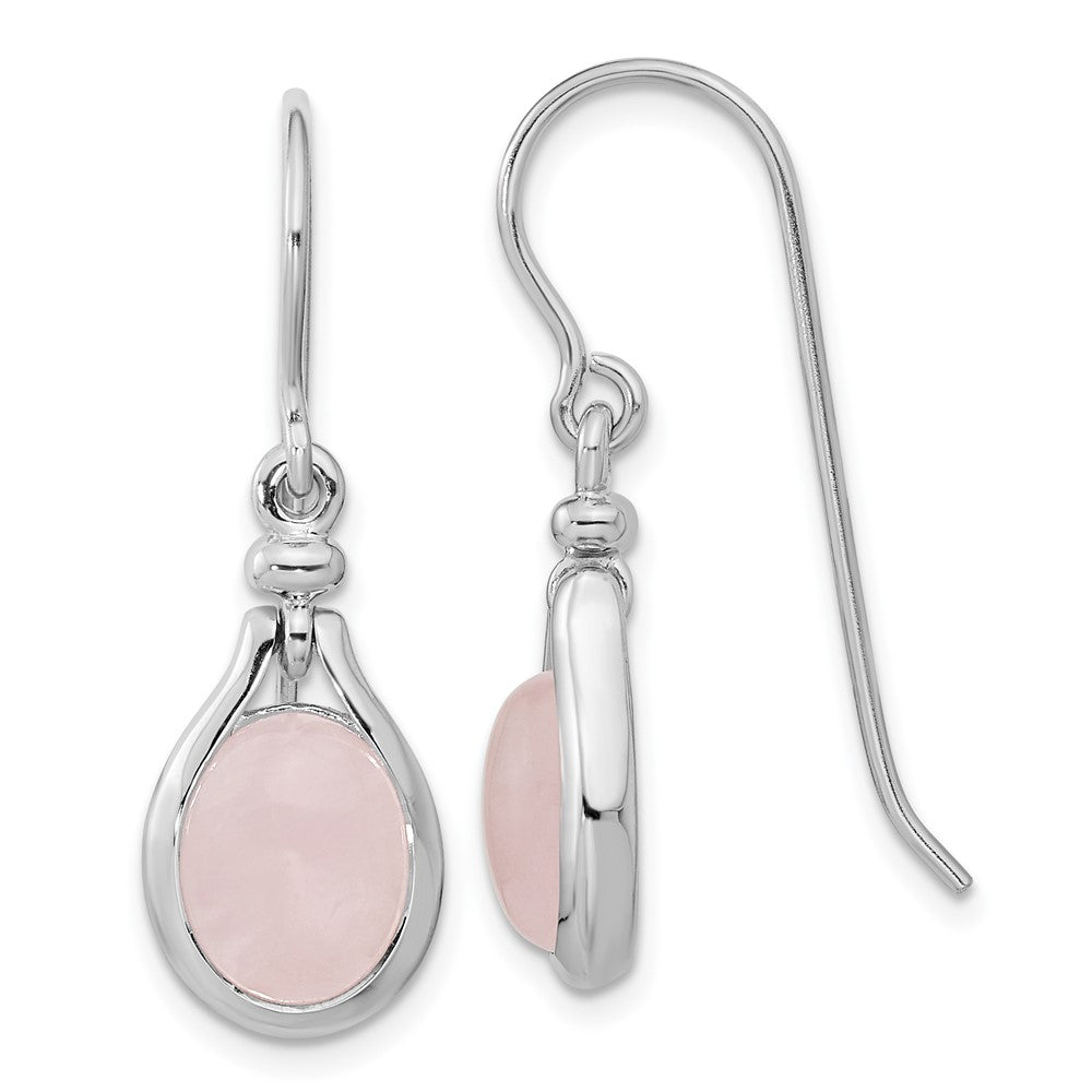 Rhodium-plated Silver Rose Quartz Oval Dangle Earrings
