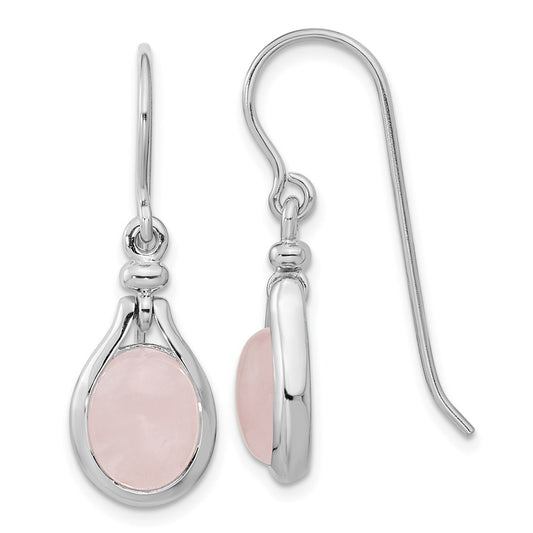Rhodium-plated Silver Rose Quartz Oval Dangle Earrings