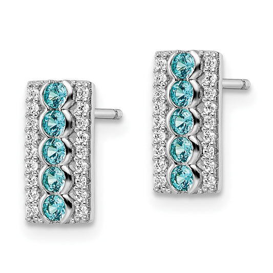 Rhodium-plated Sterling Silver Aquamarine & White CZ Post Earrings