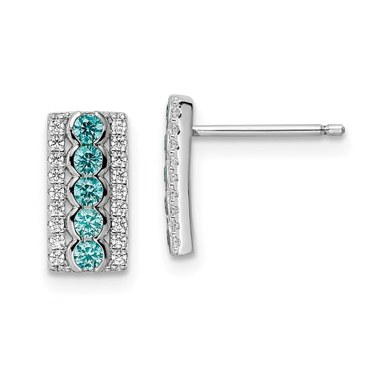 Rhodium-plated Sterling Silver Aquamarine & White CZ Post Earrings