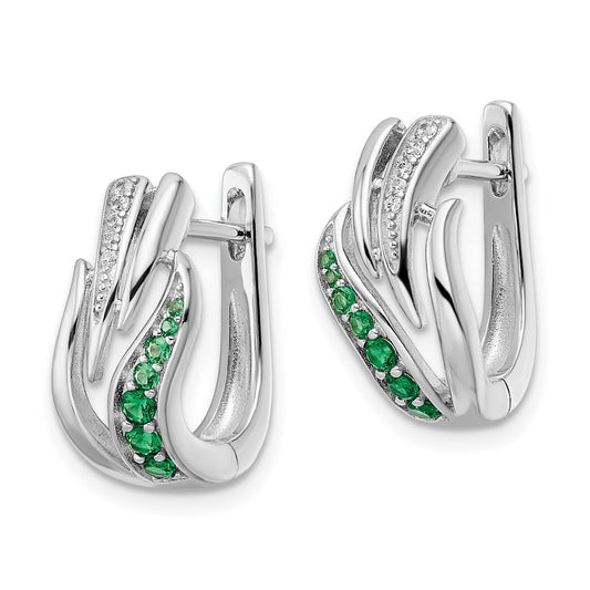 Rhodium-plated Sterling Silver Green & White CZ Hinged Hoop Earrings