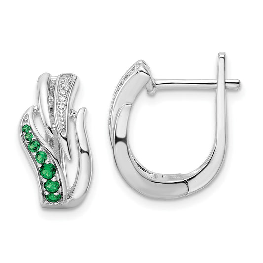 Rhodium-plated Sterling Silver Green & White CZ Hinged Hoop Earrings