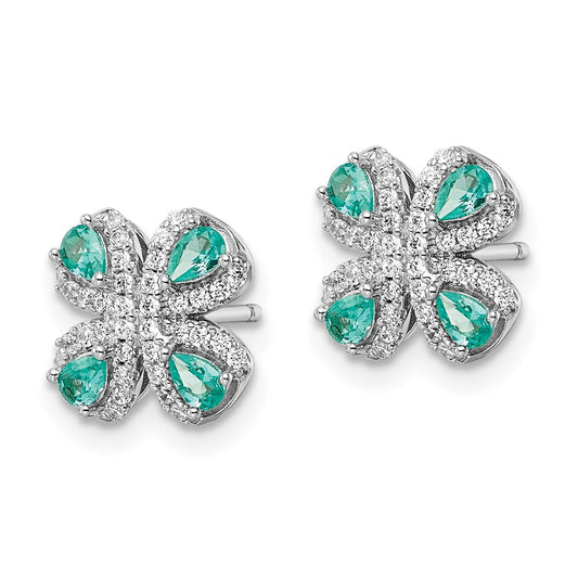 Rhodium-plated Sterling Silver Teal & White CZ Post Earrings