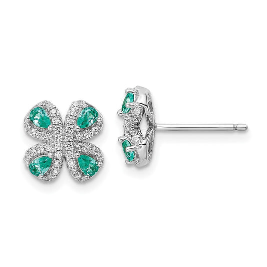 Rhodium-plated Sterling Silver Teal & White CZ Post Earrings