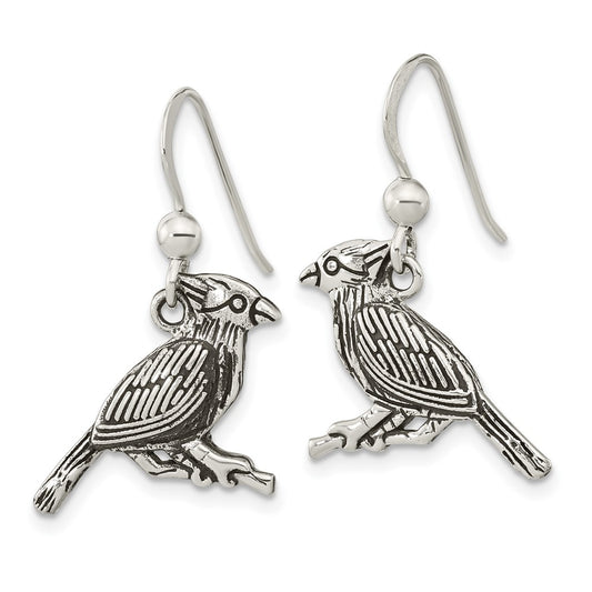 Sterling Silver Antiqued Bird on Branch Dangle Earrings