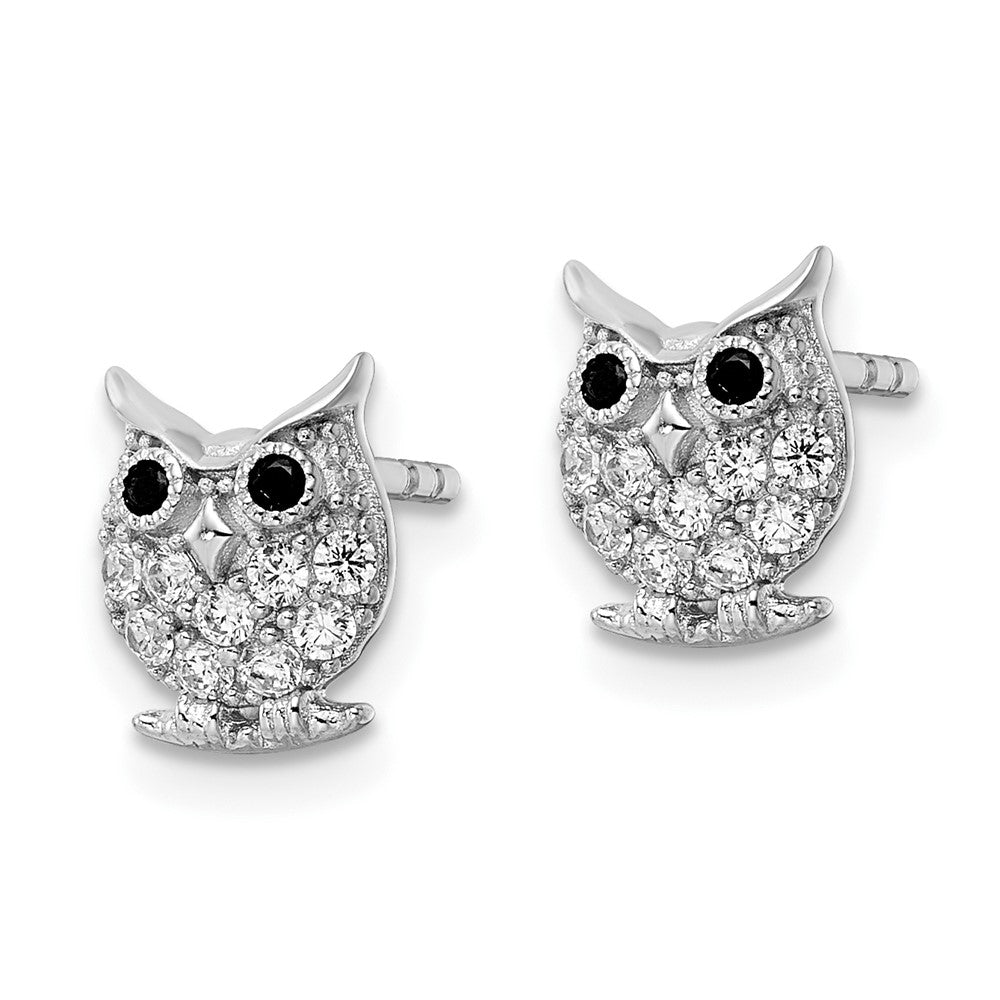 Rhodium-plated Sterling Silver Black & White CZ Owl Post Earrings