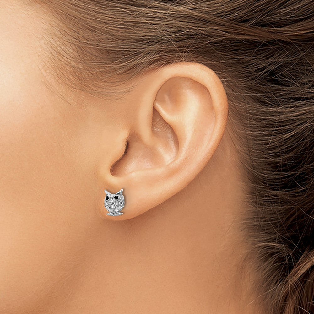 Rhodium-plated Sterling Silver Black & White CZ Owl Post Earrings