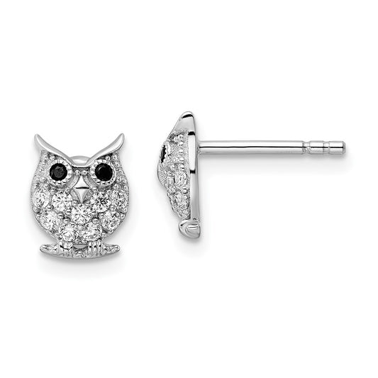 Rhodium-plated Sterling Silver Black & White CZ Owl Post Earrings