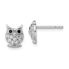 Rhodium-plated Sterling Silver Black & White CZ Owl Post Earrings