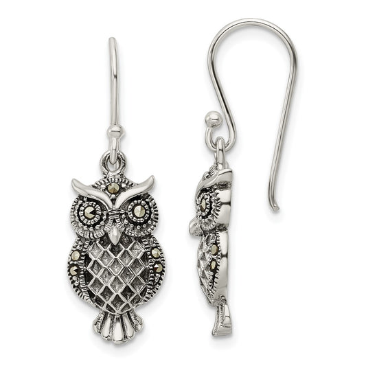 Sterling Silver Antiqued Marcasite Owl Shepherd Hook Earrings