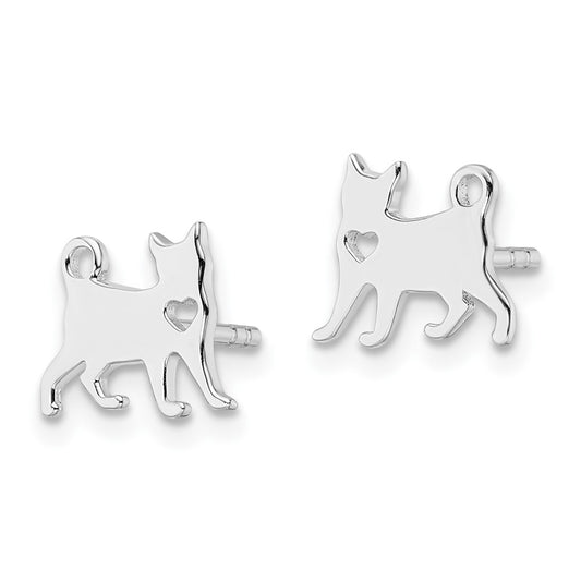 Rhodium-plated Sterling Silver Cat with Heart Post Earrings