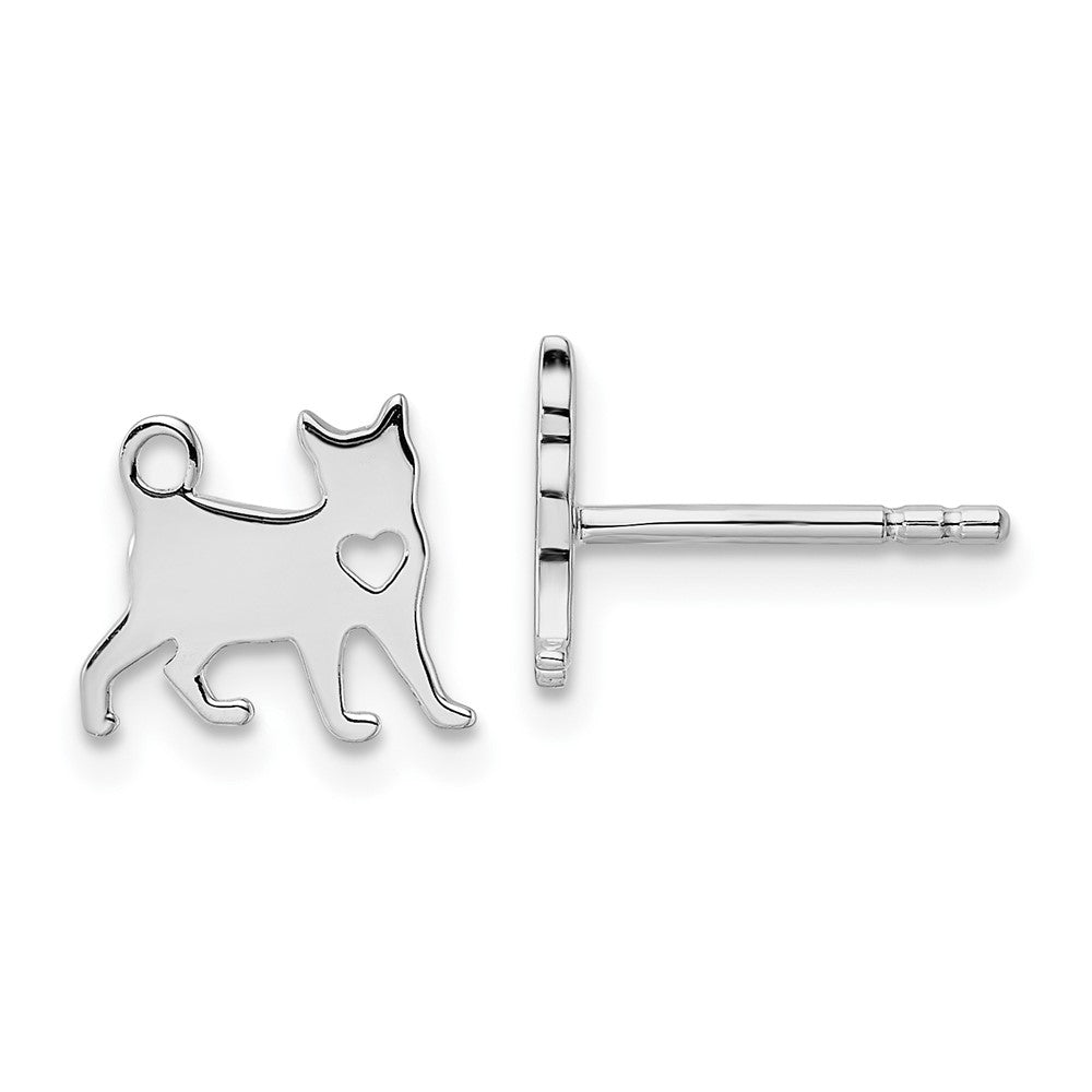 Rhodium-plated Sterling Silver Cat with Heart Post Earrings