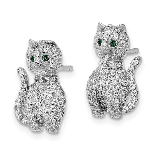 Rhodium-plated Sterling Silver Polished Green & White CZ Cat Post Earrings