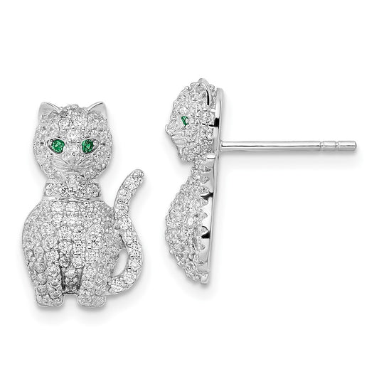 Rhodium-plated Sterling Silver Polished Green & White CZ Cat Post Earrings