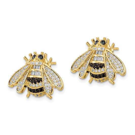 Sterling Silver Blk White RH-plated Gold Tone CZ Bumblebee Post Earrings