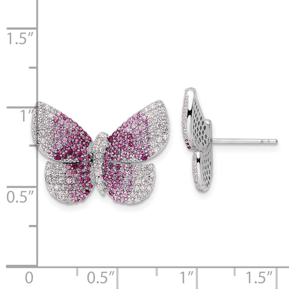 Rhodium-plated Sterling Silver Polished Pink CZ Butterfly Post Earrings