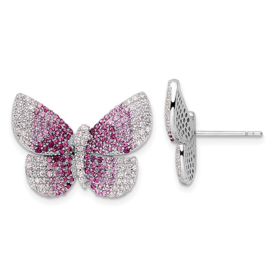 Rhodium-plated Sterling Silver Polished Pink CZ Butterfly Post Earrings
