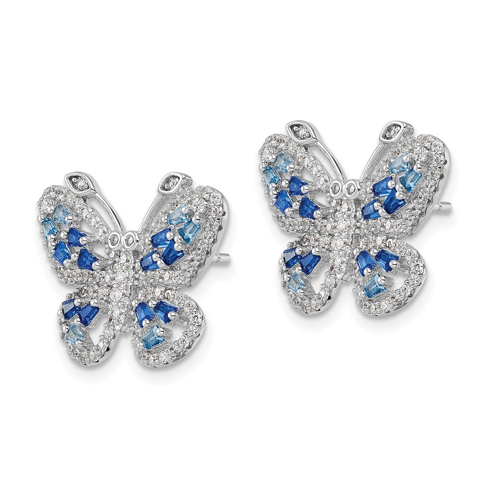 Rhodium-plated Silver Polished Blue & Clear CZ Butterfly Post Earrings