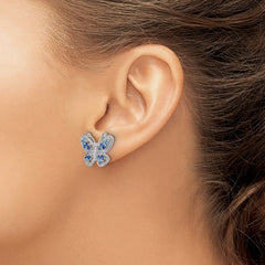 Rhodium-plated Silver Polished Blue & Clear CZ Butterfly Post Earrings