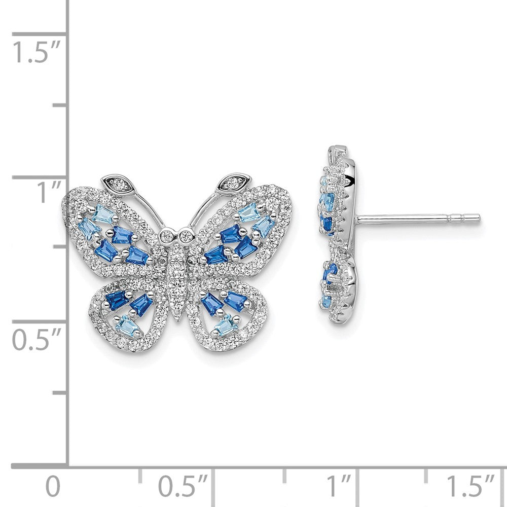 Rhodium-plated Silver Polished Blue & Clear CZ Butterfly Post Earrings