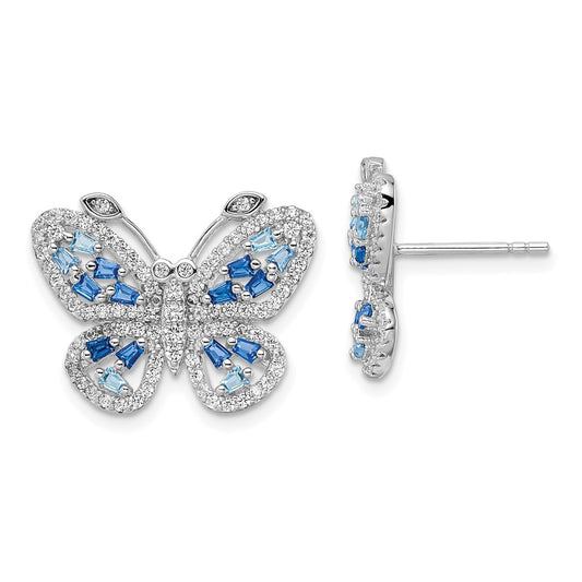 Rhodium-plated Silver Polished Blue & Clear CZ Butterfly Post Earrings