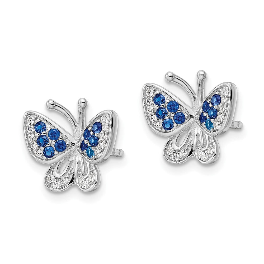 Rhodium-plated Sterling Silver Blue & White CZ Butterfly Post Earrings