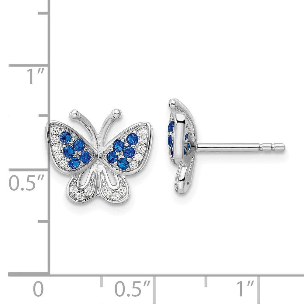 Rhodium-plated Sterling Silver Blue & White CZ Butterfly Post Earrings