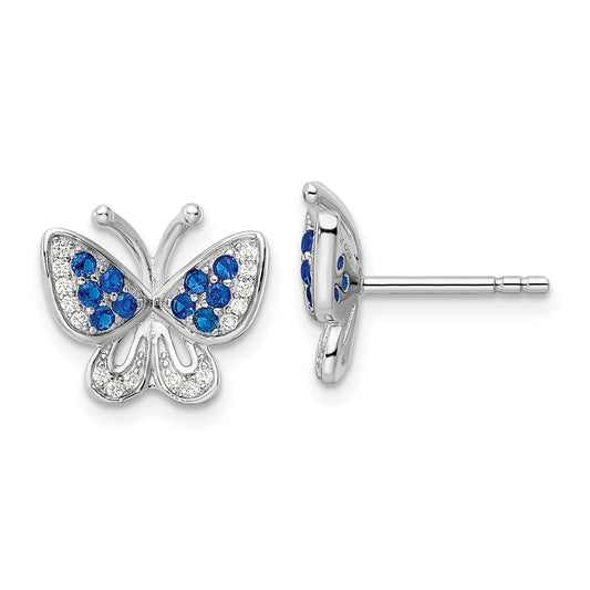 Rhodium-plated Sterling Silver Blue & White CZ Butterfly Post Earrings