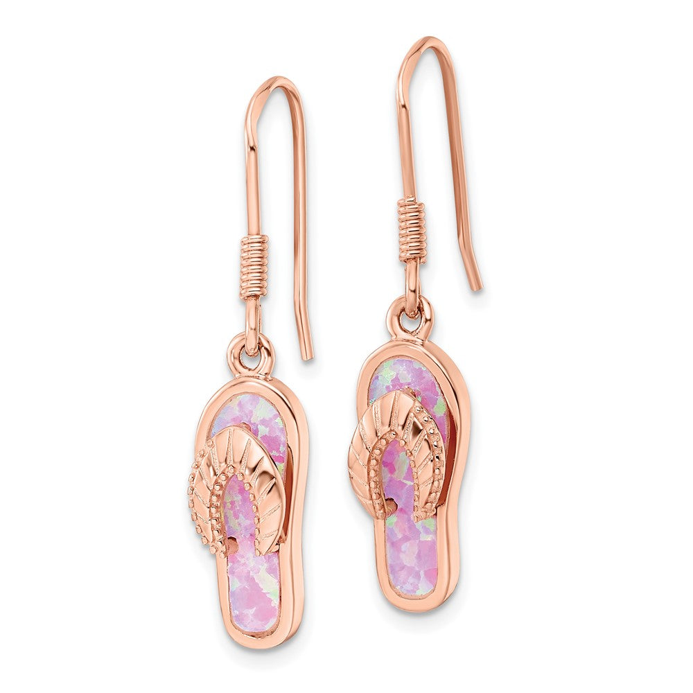 Rose Gold-plated Sterling Silver Pink Created Opal Inlay Flip Flop Dangle Earrings
