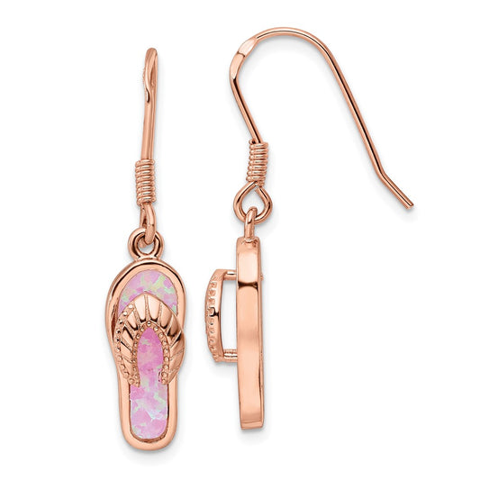 Rose Gold-plated Sterling Silver Pink Created Opal Inlay Flip Flop Dangle Earrings