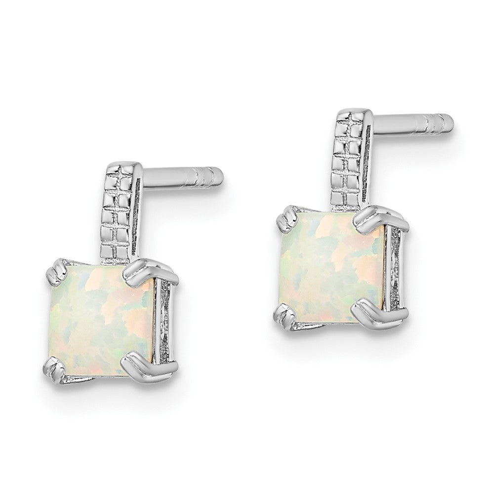 Rhodium-plated Sterling Silver Square White Created Opal Post Earrings