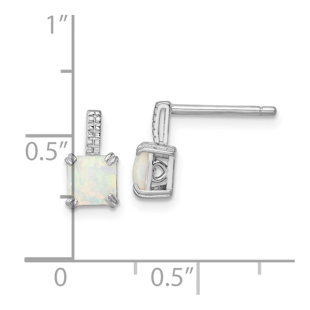 Rhodium-plated Sterling Silver Square White Created Opal Post Earrings