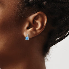 Rhodium-plated Sterling Silver Square Blue Created Opal Post Earrings