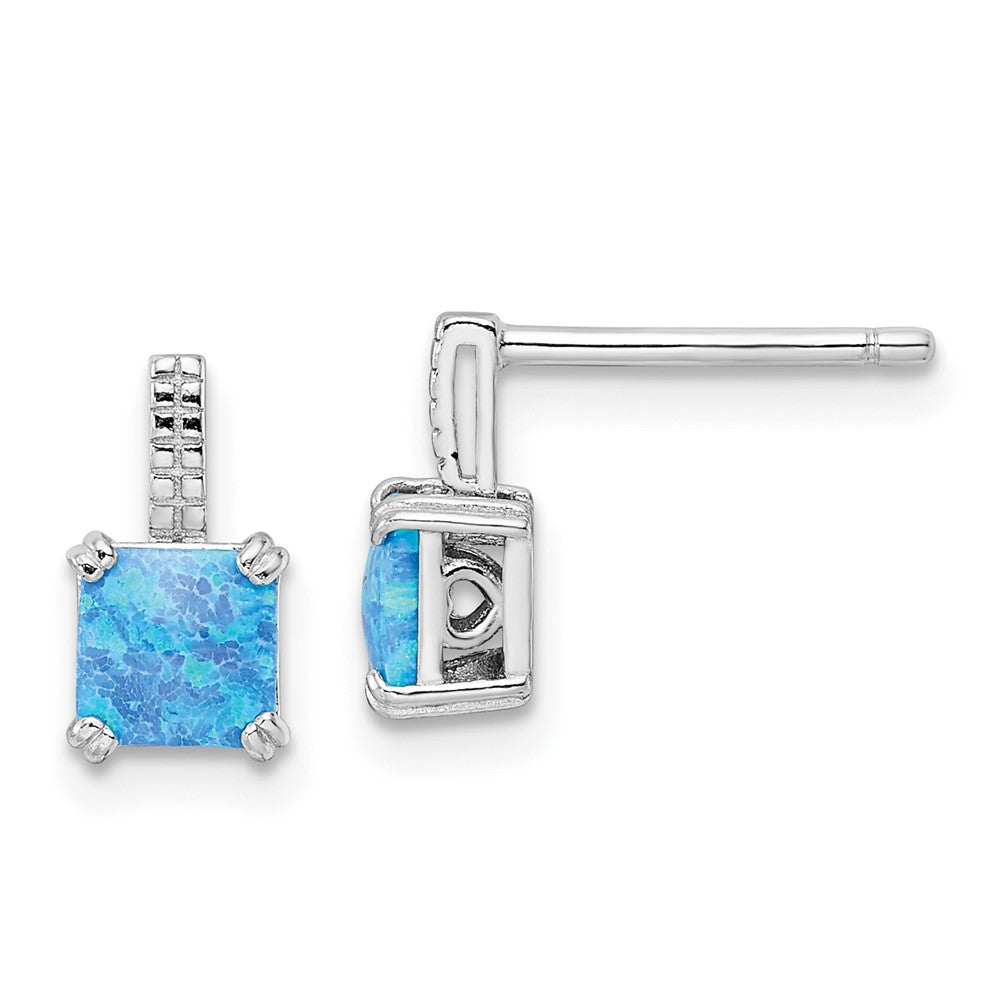 Rhodium-plated Sterling Silver Square Blue Created Opal Post Earrings