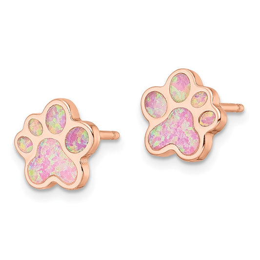 Rose Gold-plated Sterling Silver Created Opal Inlay Pawprint Post Earrings