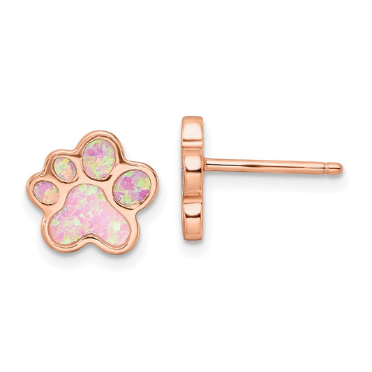 Rose Gold-plated Sterling Silver Created Opal Inlay Pawprint Post Earrings