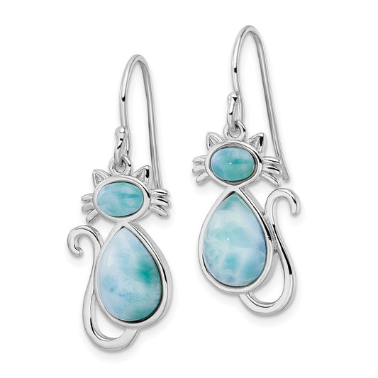 Rhodium-plated Sterling Silver Polished Larimar Cat Dangle Earrings